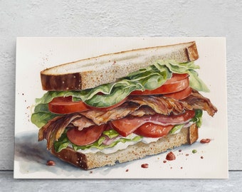 Watercolor BLT, Bacon Lettuce Tomato, Kitchen Decor, Dining Room Art, Food Decor ,Ready To Hang, Large Print, Watercolor Painting, Sandwich