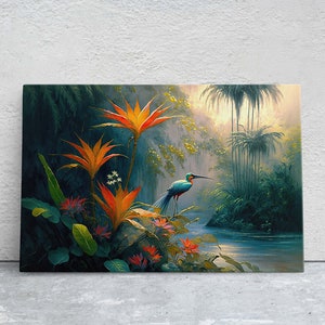 Jungle Flower Bird Canvas Art Ready To Hang Large Print, Oil Painting, Landscape