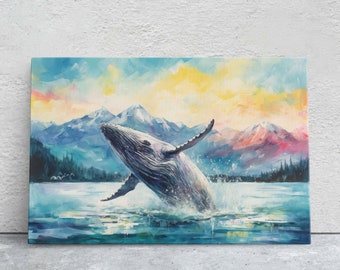 Humpback Whale on Canvas, Watercolor Whale, Sea life decor, Ocean View, Framed Canvas, Colorful Print