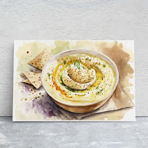 Hummus and Pita, chickpea, Ready To Hang, Large Print, Watercolor Painting, Dining Room, Kitchen Art, Restaurant Art, Mediterranean Food