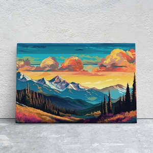 Cloud Mountains on Canvas, Flat Illustration, Sunset Colors, Sunrise Scene, Mountain Range, National Park, Abstract Art, Drawing, Framed