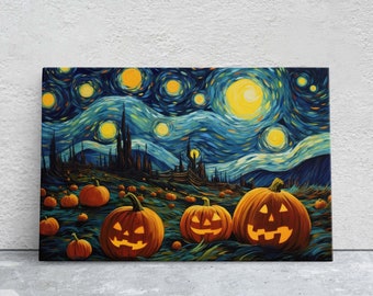 Pumpkin Starry Night on Canvas, Halloween Van Gogh, Jack-O-Lantern, Pumpkin Patch, Framed Canvas, Fun Halloween