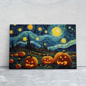 May include: A painting in the style of Vincent van Gogh's "Starry Night" with a field of jack-o'-lanterns in the foreground. The pumpkins are carved with spooky faces and have glowing orange lights inside.
