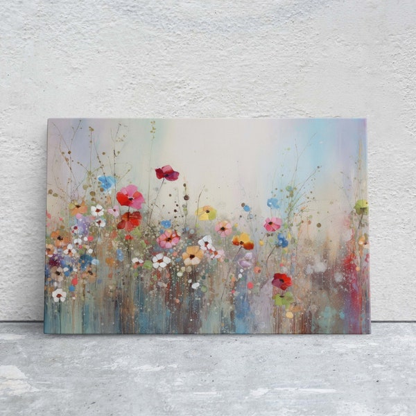 Wildflowers on Canvas, Flowers in Rain. Abstract Wall Art, Framed Canvas, Watercolor flowers,  Floral Print, Classic, Rustic Farmhouse