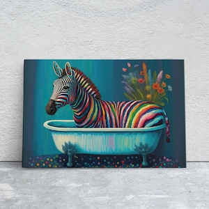 Zebra in Bathtub, Bathroom Decor, Kids Decor, Kids Bath, Colorful Animal, Fanciful Print, Canvas Print, Ready to Hang, Nursery Art, Children