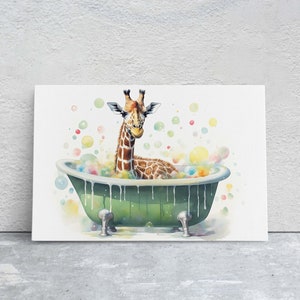 Giraffe Bath, Giraffe in Bathtub, Bathroom Decor, Kids Bath, Powder room, Fun Art, Cute Giraffe Elephant, Bath time Art, Silly Decor