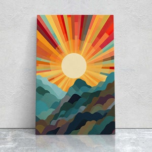 Montaña soleada sobre lienzo, decoración de atardecer, arte plano, colores vibrantes, arte atrevido, vertical, abstracto, moderno de mediados de siglo, impresión escandinava