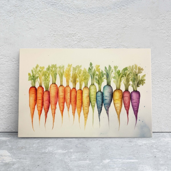 Zanahorias sobre lienzo, comida colorida, acuarela para la mesa, hortalizas de raíz, frutas de raíz tradicionales, zanahorias arcoíris, lienzo enmarcado, decoración de cocina