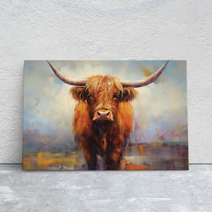 Highland Cow, Scottish Cow, Scotland Cattle, Long-haired cow, Rustic Farmhouse, Farm Animal, Barn Decor, Canvas Art Print, Painting