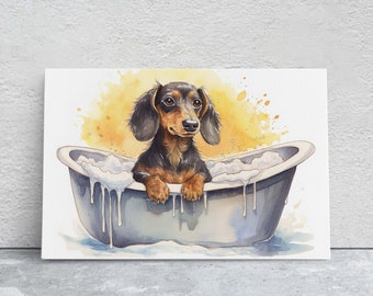 Dachshund Bath, Dog in Bathtub, Bathroom Decor, Kids Bath, Powder room, Fun Art, Wiener Dog, Bath time Art, Cute Dog Art, Silly Puppy