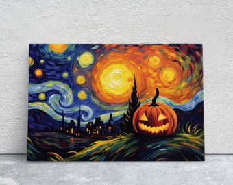 Starry Night Pumpkin on Canvas, Jack-o-lantern, Spooky Art, Framed