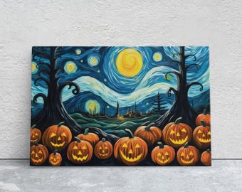 Pumpkin Patch On Canvas, Starry Night Pumpkins, Jack-O-Lantern, Van Gogh, Spooky Art, Fun Halloween, Kid Friendly, Framed Canvas