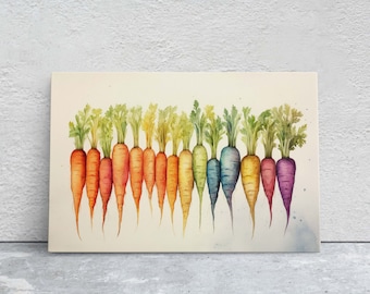 Carrots on Canvas, Colorful Food, Watercolor Dining, Root Vegetables, Heirloom Root Fruit, Rainbow Carrots, Framed Canvas, Kitchen Decor