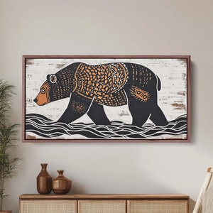 Bear Folk Art, Scandinavian Folk Art, Linocut Print, Wide Art, Large Art Print