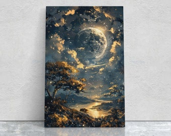 Full Moon, Celestial Painting, Night Sky, Golden Glow, Majestic Landscape, Framed Canvas, Large Art Print
