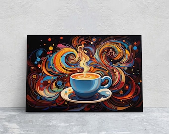 May include: A blue coffee cup with steam rising from it, set against a swirling background of colorful abstract shapes and patterns.