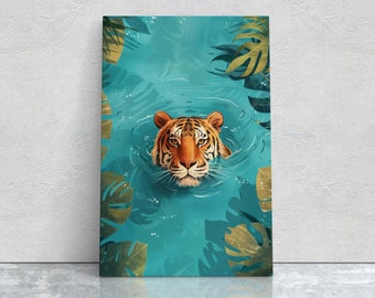Tiger in Water, Big Cat Art, Framed Canvas, Large Art Print, Tropical Decor, Rainforest Print, Jungle Art