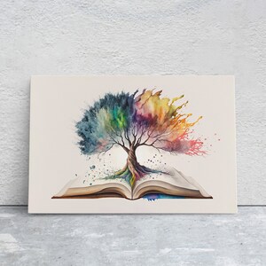 May include: A watercolor painting of a colorful tree growing out of an open book. The tree has a rainbow of colors in its leaves and branches, and its roots are visible in the book.