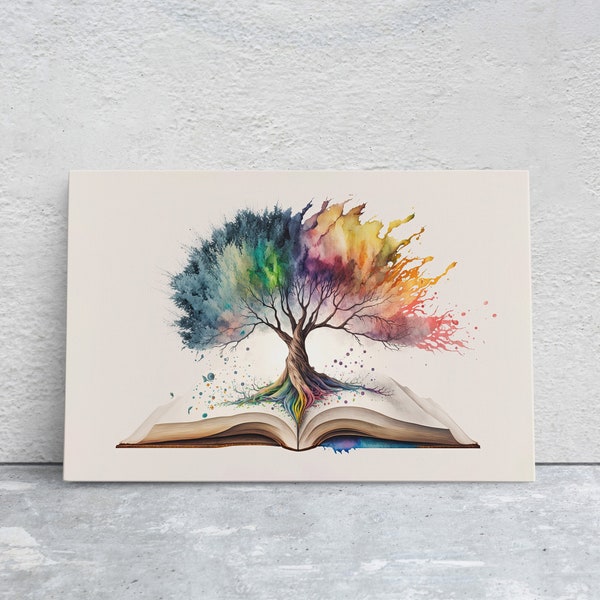 Tree of Knowledge Watercolor Canvas Art Ready To Hang Large Print, Book, Library