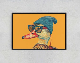 Hipster Duck, Pop Art, Street Art, Graffiti Painting, Animal Sunglasses, Orange Blue, Fun Quirky, Large Art Print, Kids Room, Boys Room