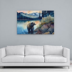 Bear in the Mountains Watercolor stretched Canvas