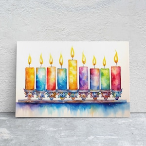 Hanukkah Menorah Painting, Chanukah Watercolor, Festive Winter, Jewish Decoration,  Hanukkah Candles, Framed Canvas, Holiday Decor