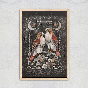 May include: A framed illustration of two red-tailed hawks perched on a branch with a starry night sky background. The hawks are facing each other and the sky is filled with stars and two crescent moons with suns inside.