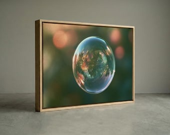 Floating Soap Bubble Canvas Print, Zen Forest Reflection Surreal Wall Art