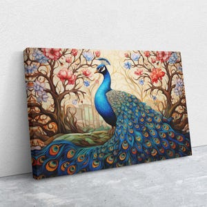 Peacock Painting, Colorful Art, Vibrant Decor, Peacock Wall Art, Framed Canvas image 3