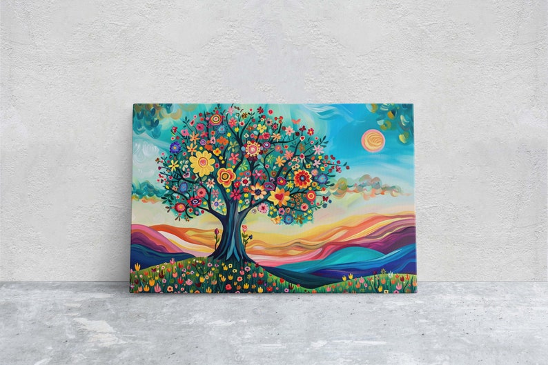May include: A colorful painting of a tree with a large, vibrant canopy of flowers. The tree is set against a background of rolling hills and a blue sky with a yellow sun.