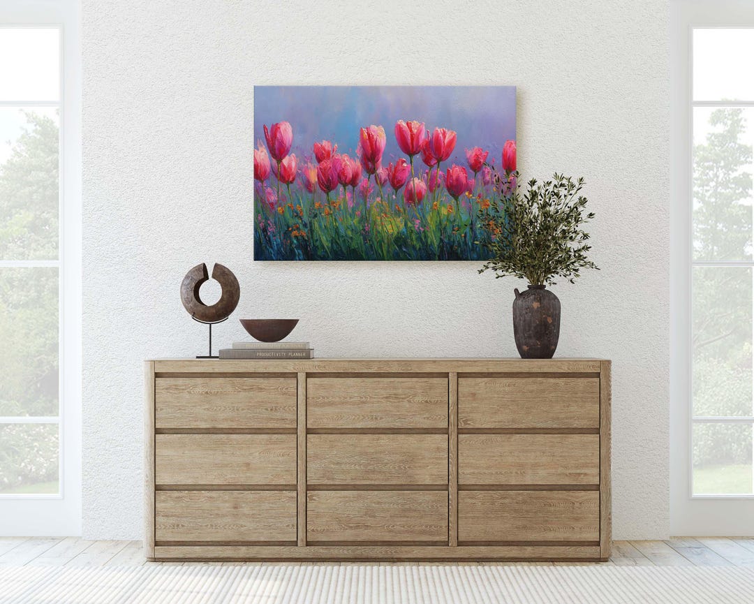 Vibrant Impasto Pink Tulip Field Floral Oil Painting Canvas Print - Etsy