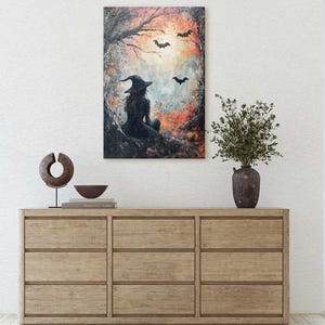 Witch and Bats Canvas: Creepy Gothic Decor (Matte Cotton Print) image 7