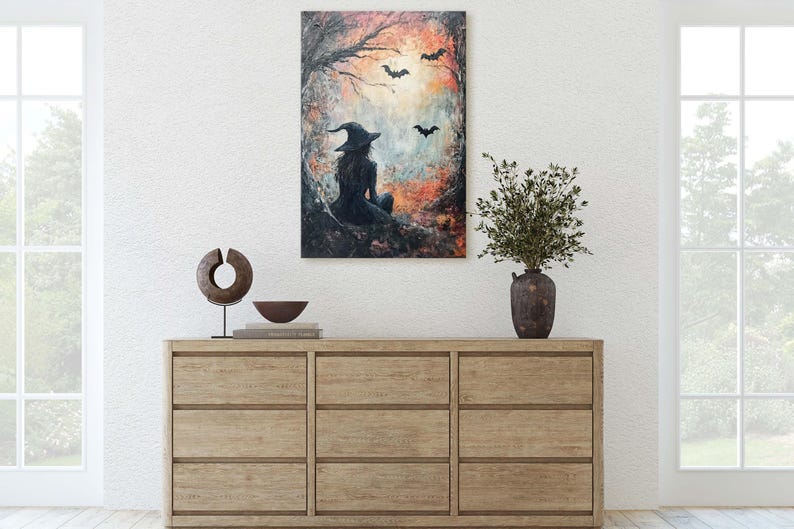 Witch and Bats Canvas: Creepy Gothic Decor (Matte Cotton Print) image 7
