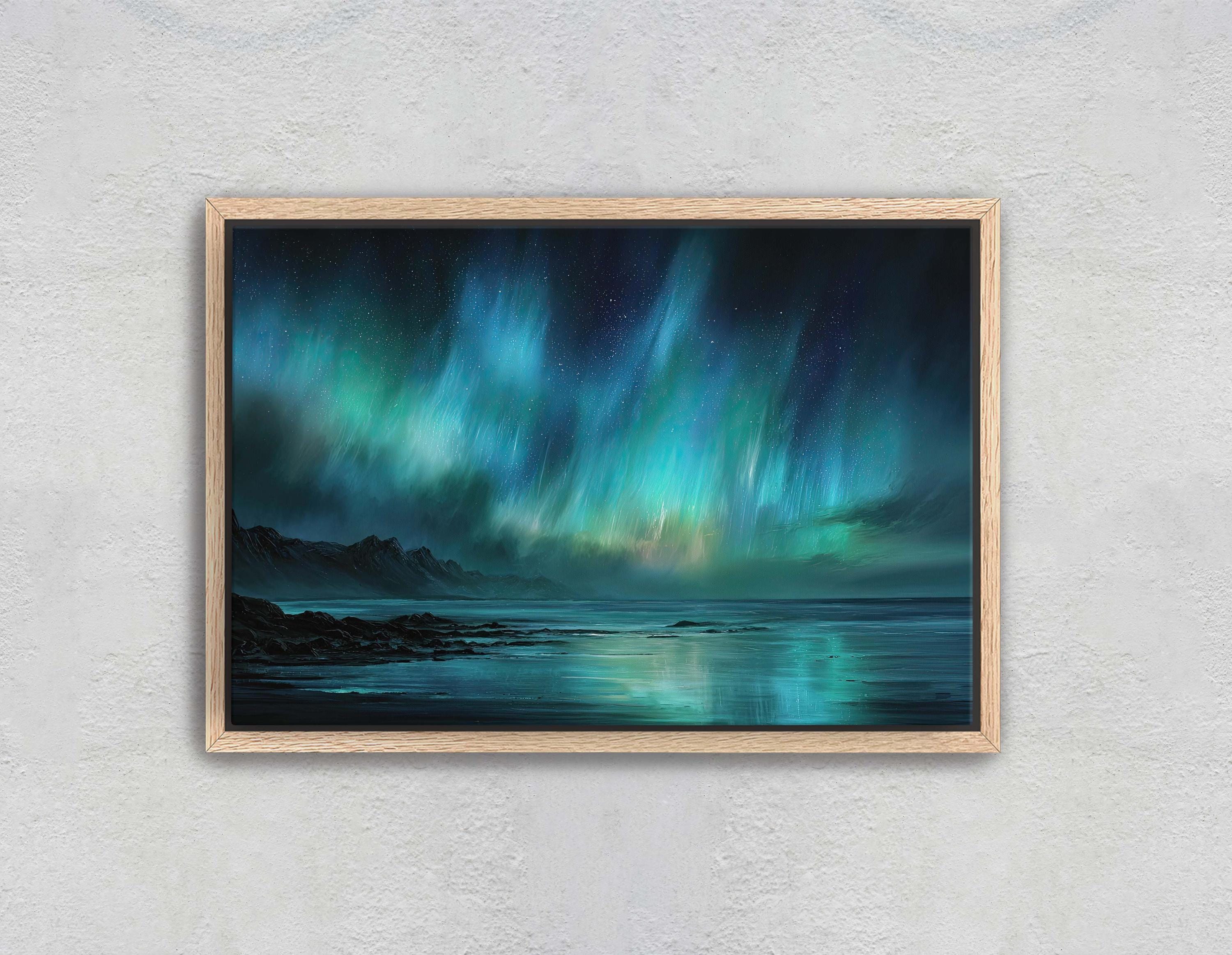 Ethereal Northern Lights Wall Art, Green and Blue Aurora Canvas, Starry Night Sky Print, Moody Ocean Landscape Painting