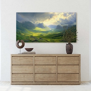 May include: A wooden dresser with six drawers, a brown ceramic vase with dried flowers, a wooden sculpture, and a bowl on top. A large landscape painting of a valley with mountains and clouds hangs above the dresser.