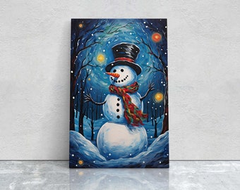 Starry Snowman, Colorful Snowman, Snowman Painting, Framed Canvas, Festive Decor, Christmas Print, Xmas Art, Winter Decor