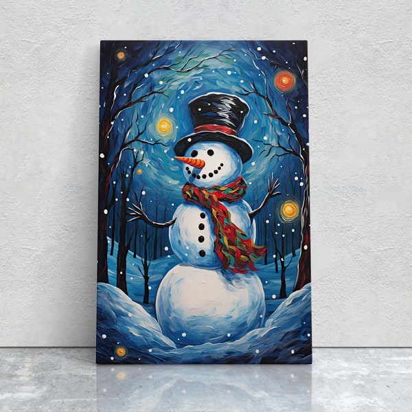 Starry Snowman, Colorful Snowman, Snowman Painting, Framed Canvas, Festive Decor, Christmas Print, Xmas Art, Winter Decor