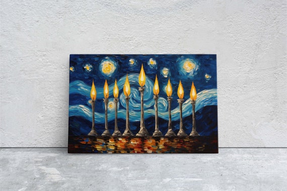 Starry Menorah, Hanukkah Painting, Festive Decor, Winter Season, Jewish Art, Chanukah, Framed Canvas, Jewish Print