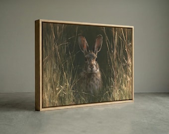 Wild Hare in Tall Grass Canvas Print, Moody Rustic Rabbit Oil Painting Wall Art