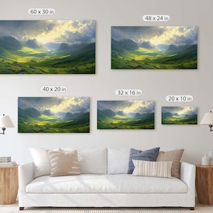 May include: A mockup of different sizes of a landscape photograph showing a valley with green hills and a cloudy sky. The sizes are 60 x 30 inches, 48 x 24 inches, 40 x 20 inches, 32 x 16 inches, and 20 x 10 inches.