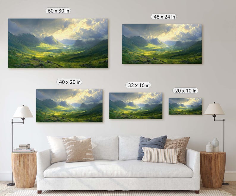 May include: A mockup of different sizes of a landscape photograph showing a valley with green hills and a cloudy sky. The sizes are 60 x 30 inches, 48 x 24 inches, 40 x 20 inches, 32 x 16 inches, and 20 x 10 inches.