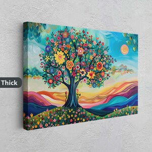 May include: A colorful canvas print of a tree with flowers in shades of pink, yellow, blue, green, and red. The tree is set against a blue sky with white clouds and a yellow sun. The background features a landscape of colorful hills.