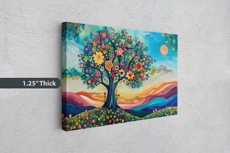 May include: A colorful canvas print of a tree with flowers in shades of pink, yellow, blue, green, and red. The tree is set against a blue sky with white clouds and a yellow sun. The background features a landscape of colorful hills.