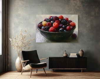 Impasto Mixed Berry Still Life Canvas Print, Rustic Kitchen Wall Decor Art