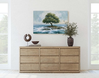 Ocean Island Lone Tree Canvas Print Impressionist Coastal Seascape Art