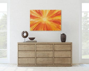 Solar Flare Sunburst Canvas Print, Radiant Orange Abstract Sunshine Art