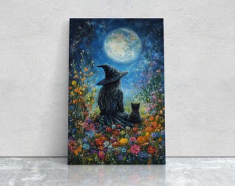 Witch Full Moon, Black Cat Wildflowers, Halloween Decor, Whimsical Halloween, Whimsy Night Stars