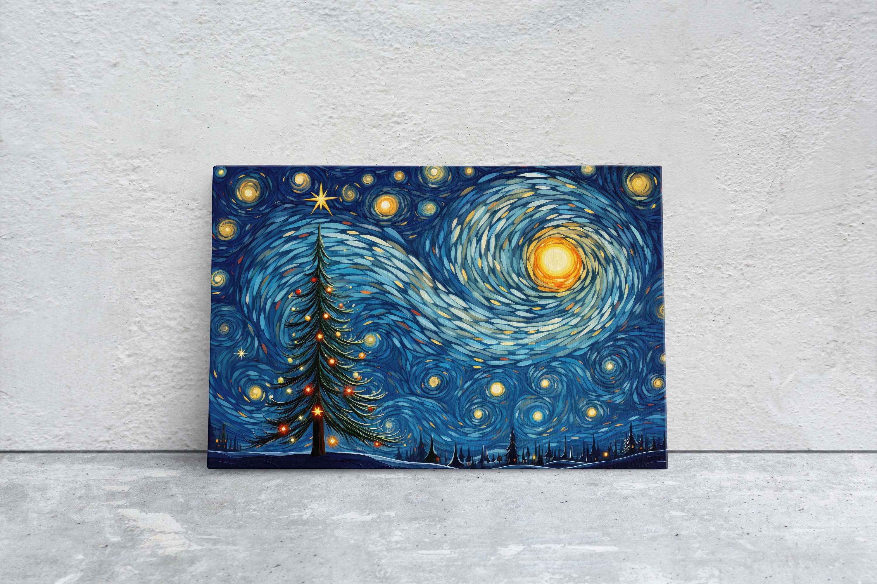 Starry Night Christmas, Christmas Tree, Pine Tree, Winter Decor, Festive Art, X-mas Print, Framed Canvas