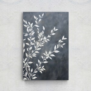 May include: A painting of a white branch with leaves on a dark blue background.