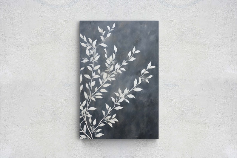 May include: A painting of a white branch with leaves on a dark blue background.